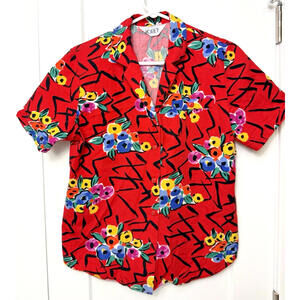 Vtg Koret RED Floral Black Button Up Shirt Unisex Womens Short Sleeve 80s 90s